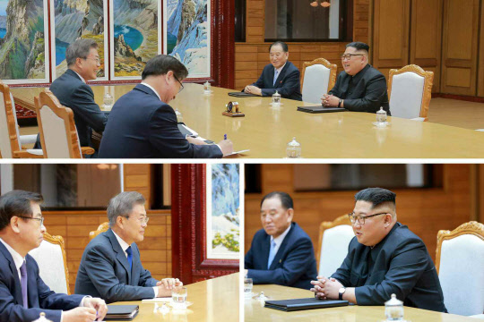 북한 노동신문, 남북정상회담 개최 대대적 보도  북한 노동신문은 문재인 대통령과 김정은 국무위원장이 26일 판문점 북측 통일각에서 또다시 남북정상회담을 개최했다고 27일 사진과 함께 대대적으로 보도했다. 사진은 남북 정상이 통일각에서 회담하는 모습. 2018.5.27